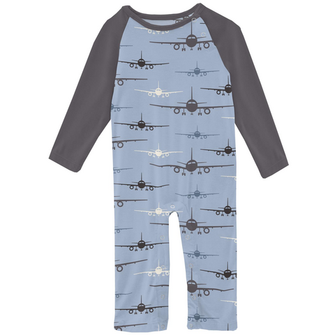Kickee Pants Printed Long Sleeve Raglan Romper - Pond Airplanes - Let Them Be Little, A Baby & Children's Clothing Boutique
