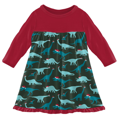 Kickee Pants Classic Long Sleeve Swing Dress - Santa Dinos - Let Them Be Little, A Baby & Children's Clothing Boutique