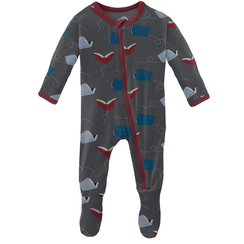 Kickee Pants Print Footie with Zipper - Slate Flying Books - Let Them Be Little, A Baby & Children's Clothing Boutique