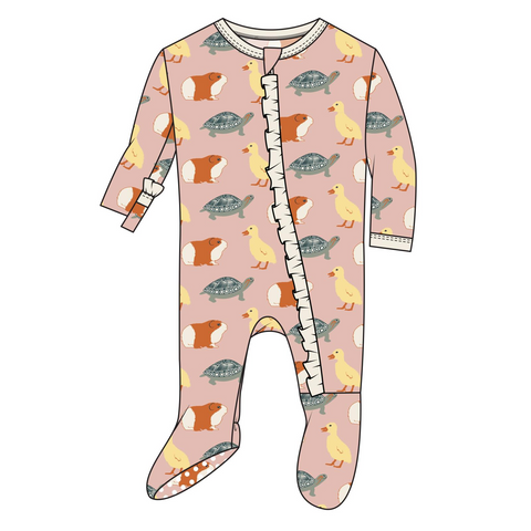 Kickee Pants Classic Ruffle Zipper Footie - Peach Blossom Class Pets - Let Them Be Little, A Baby & Children's Clothing Boutique