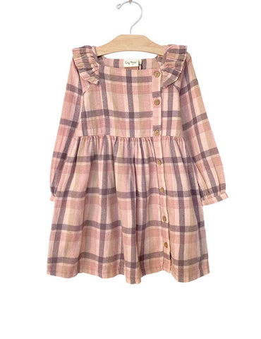 City Mouse Long Sleeve Side Button Dress - Rosewood Flannel - Let Them Be Little, A Baby & Children's Clothing Boutique
