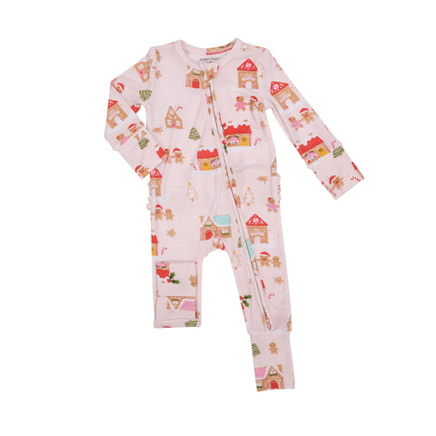 Angel Dear 2 Way Zip Romper - Gingerbread Village with Ruffle (Pink) - Let Them Be Little, A Baby & Children's Clothing Boutique