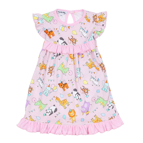 Magnolia Baby Printed Ruffle Flutters Dress - Cake, Presents, Party! Pink - Let Them Be Little, A Baby & Children's Clothing Boutique