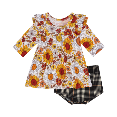 Posh Peanut 3/4 Sleeve Flutter Dress Bummie Set - Goldie - Let Them Be Little, A Baby & Children's Clothing Boutique