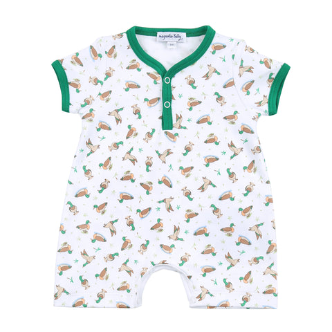 Magnolia Baby Printed Short Sleeve Front Snap Short Playsuit - Majestic Mallard - Let Them Be Little, A Baby & Children's Clothing Boutique