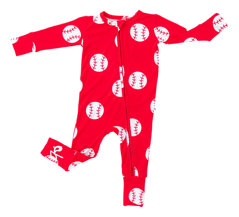 Birdie Bean Zip Romper w/ Convertible Foot - Baseball Red - Let Them Be Little, A Baby & Children's Clothing Boutique