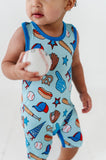 Kiki + Lulu Racerback Shortie Romper - Baseball (Blue) - Let Them Be Little, A Baby & Children's Clothing Boutique