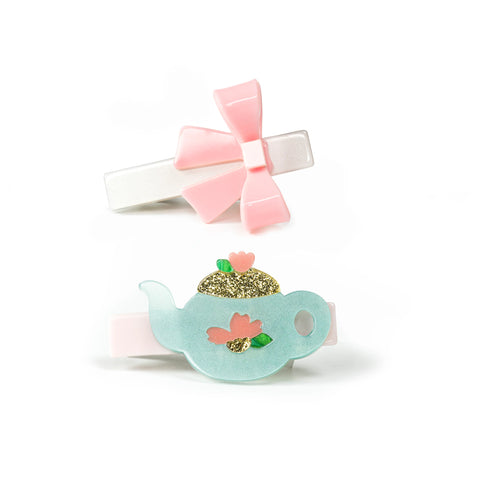 Lilies & Roses Alligator Clip - Tea Pot and Pink Bow - Let Them Be Little, A Baby & Children's Clothing Boutique