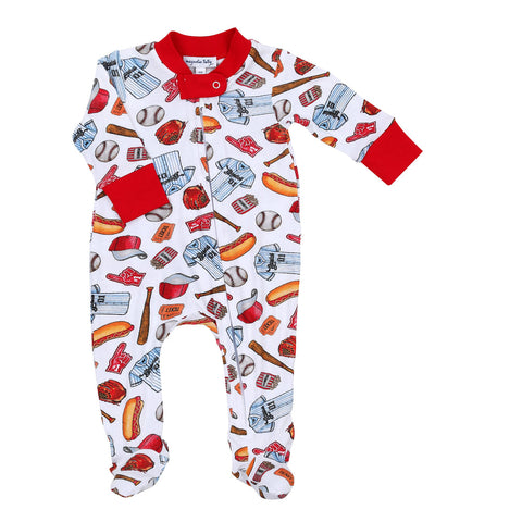 Magnolia Baby Bamboo Blend Printed Zipper Footie - Baseball Fever Red - Let Them Be Little, A Baby & Children's Clothing Boutique
