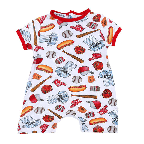 Magnolia Baby Bamboo Printed Short Sleeve Short Playsuit - Baseball Fever Red - Let Them Be Little, A Baby & Children's Clothing Boutique