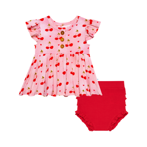 Posh Peanut Ruffled Cap Sleeve Henley Peplum Ruffled Bummie Set - Very Cherry - Let Them Be Little, A Baby & Children's Clothing Boutique