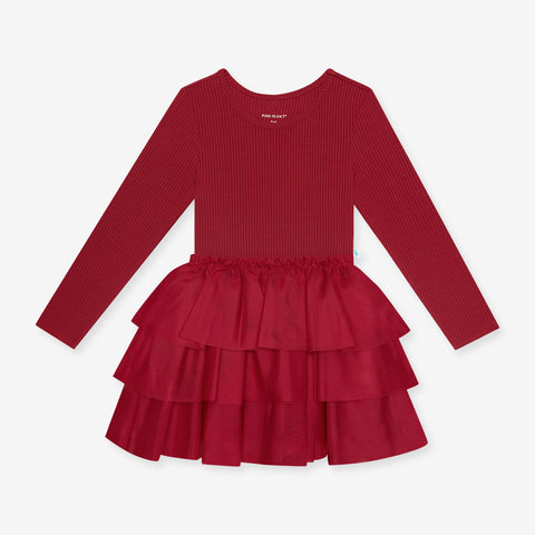 Posh Peanut Long Sleeve Tulle Dress - Dark Red (Ribbed) - Let Them Be Little, A Baby & Children's Clothing Boutique