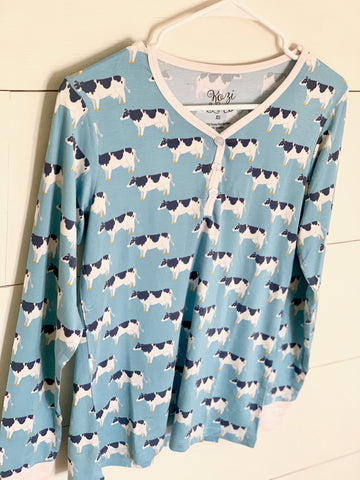 Kozi & Co Women's Long Sleeve Henley - Blue Cows - Let Them Be Little, A Baby & Children's Clothing Boutique