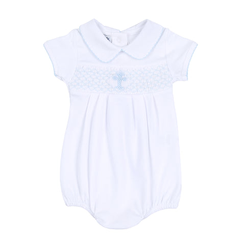 Magnolia Baby Short Sleeve Smocked Collared Bubble - Blessed (White Smocking) - Let Them Be Little, A Baby & Children's Clothing Boutique