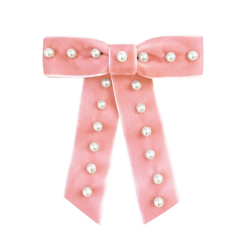 Milledeux Pearl Velvet Bows w/ tails - Pink - Let Them Be Little, A Baby & Children's Boutique