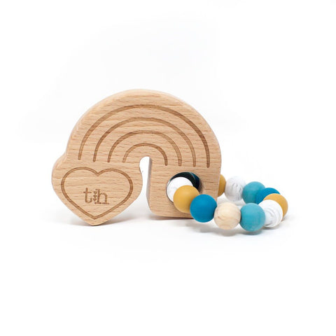 Three Hearts Rainbow Wooden Teether - Teal - Let Them Be Little, A Baby & Children's Boutique