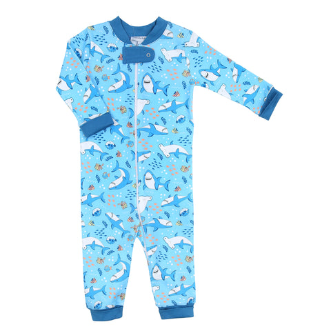Magnolia Baby Zipped PJ Romper - Shark Zone - Let Them Be Little, A Baby & Children's Clothing Boutique