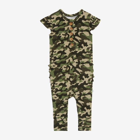 Posh Peanut Ruffled Cap Sleeve Henley Romper - Cadet - Let Them Be Little, A Baby & Children's Boutique