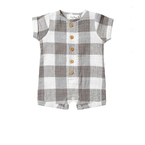 City Mouse Short Button Romper - Silver Check - Let Them Be Little, A Baby & Children's Clothing Boutique