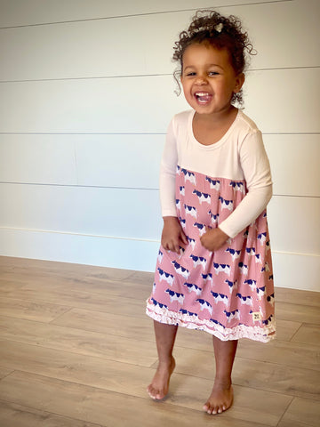Kozi & Co Long Sleeve Dress - Pink Cows - Let Them Be Little, A Baby & Children's Clothing Boutique