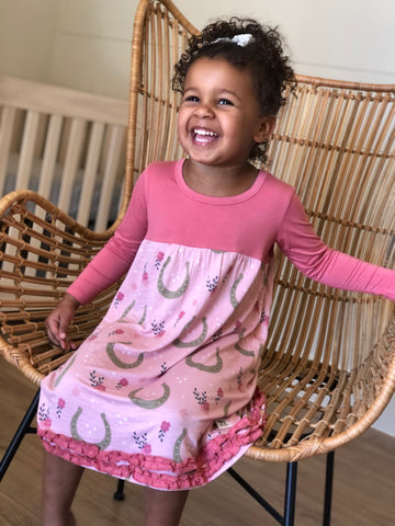 Kozi & Co Long Sleeve Dress - Pink Horseshoes - Let Them Be Little, A Baby & Children's Clothing Boutique