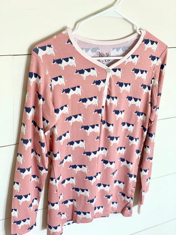 Kozi & Co Women's Long Sleeve Henley - Pink Cows - Let Them Be Little, A Baby & Children's Clothing Boutique