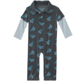 Kickee Pants Print Long Sleeve Double Layer Polo Romper - Lined Paper Airplanes - Let Them Be Little, A Baby & Children's Clothing Boutique