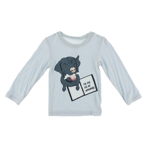 Kickee Pants Solid Long Sleeve Graphic Easy Fit Crew Neck Tee - Illusion Blue Dog Ate My Homework - Let Them Be Little, A Baby & Children's Clothing Boutique