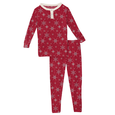 Kickee Pants Print Long Sleeve Henley Pajama Set - Crimson Snowflakes - Let Them Be Little, A Baby & Children's Clothing Boutique