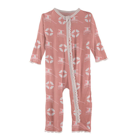 Kickee Pants Printed Muffin Ruffle Zipper Coverall - Antique Pink Lifeguard - Let Them Be Little, A Baby & Children's Clothing Boutique