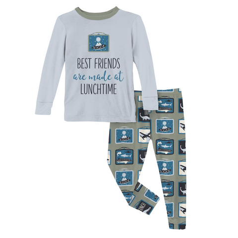 Kickee Pants Graphic Tee Long Sleeve Pajama Set - Silver Sage Lunchboxes - Let Them Be Little, A Baby & Children's Clothing Boutique