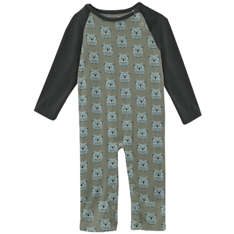 Kickee Pants Printed Long Sleeve Raglan Romper - Silver Sage Wise Owls - Let Them Be Little, A Baby & Children's Clothing Boutique