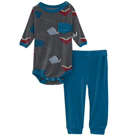 Kickee Pants Print Long Sleeve Pocket One Piece and Pant Outfit Set - Slate Flying Books - Let Them Be Little, A Baby & Children's Clothing Boutique