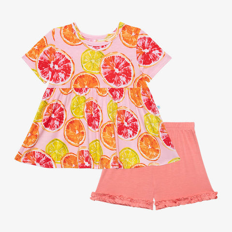 Posh Peanut Short Sleeve Peplum Top & Ruffled Short Set - Citrine - Let Them Be Little, A Baby & Children's Clothing Boutique