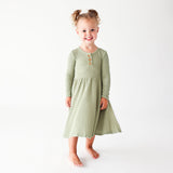 Posh Peanut Long Sleeve Henley Twirl Dress - Olive Waffle - Let Them Be Little, A Baby & Children's Clothing Boutique
