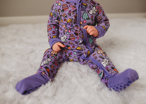 Kiki + Lulu Ruffled Zip Romper w/ Convertible Foot - Easter Bunnies Purple - Let Them Be Little, A Baby & Children's Clothing Boutique