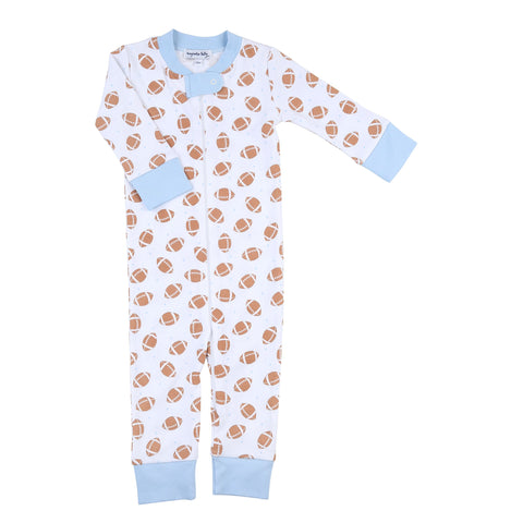 Magnolia Baby Zipped PJ Romper - Tiny Football Light Blue - Let Them Be Little, A Baby & Children's Clothing Boutique