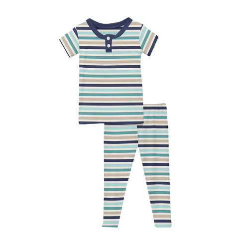 Kickee Pants Print Short Sleeve Henley Pajama Set - Sand & Sea Stripe - Let Them Be Little, A Baby & Children's Clothing Boutique
