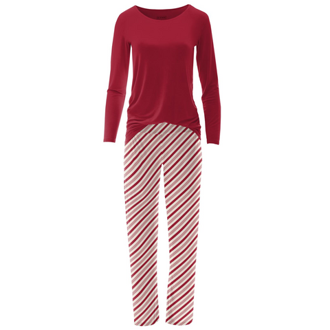 Kickee Pants Women's Long Sleeve Loosey Goosey Tee & Pant Set - Crimson Candy Cane Stripe - Let Them Be Little, A Baby & Children's Clothing Boutique