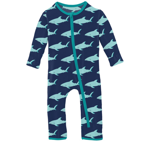 Kickee Pants Print Coverall with Zipper - Flag Blue Sharky - Let Them Be Little, A Baby & Children's Clothing Boutique