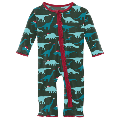 Kickee Pants Print Muffin Ruffle Zipper Coverall - Santa Dinos - Let Them Be Little, A Baby & Children's Clothing Boutique