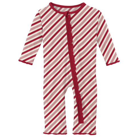 Kickee Pants Print Muffin Ruffle Zipper Coverall - Crimson Candy Cane Stripe - Let Them Be Little, A Baby & Children's Clothing Boutique