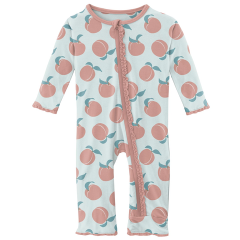 Kickee Pants Print Muffin Ruffle Zipper Coverall - Fresh Air Peaches - Let Them Be Little, A Baby & Children's Clothing Boutique