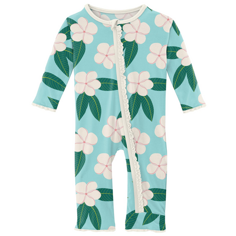 Kickee Pants Print Muffin Ruffle Zipper Coverall - Summer Sky Plumeria - Let Them Be Little, A Baby & Children's Clothing Boutique