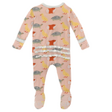 Kickee Pants Muffin Ruffle Zipper Footie - Peach Blossom Class Pets - Let Them Be Little, A Baby & Children's Clothing Boutique