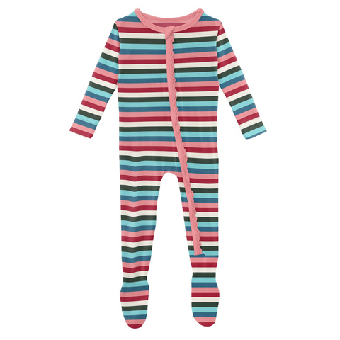 Kickee Pants Muffin Ruffle Zipper Footie - Snowball Multi Stripe - Let Them Be Little, A Baby & Children's Clothing Boutique
