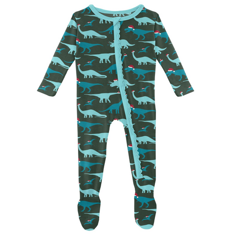 Kickee Pants Muffin Ruffle Zipper Footie - Santa Dinos - Let Them Be Little, A Baby & Children's Clothing Boutique