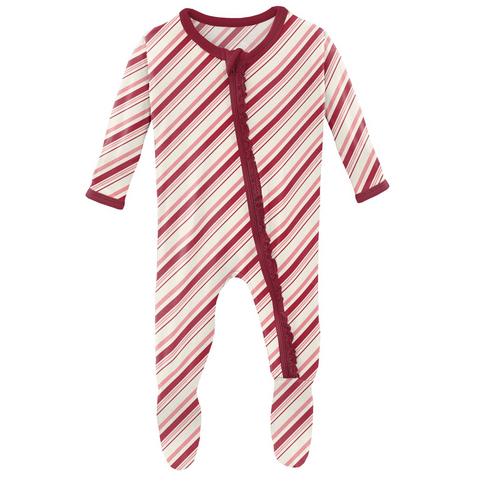 Kickee Pants Muffin Ruffle Zipper Footie - Strawberry Candy Cane Stripe - Let Them Be Little, A Baby & Children's Clothing Boutique