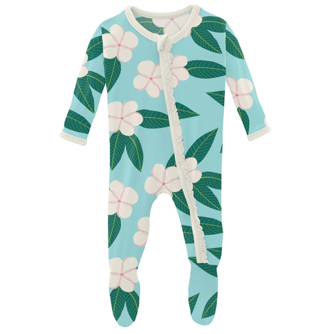 Kickee Pants Muffin Ruffle Zipper Footie - Summer Sky Plumeria - Let Them Be Little, A Baby & Children's Clothing Boutique