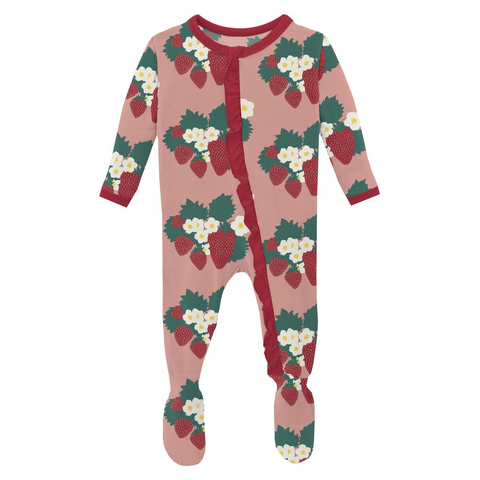 Kickee Pants Classic Ruffle Zipper Footie - Blush Strawberry Farm - Let Them Be Little, A Baby & Children's Clothing Boutique